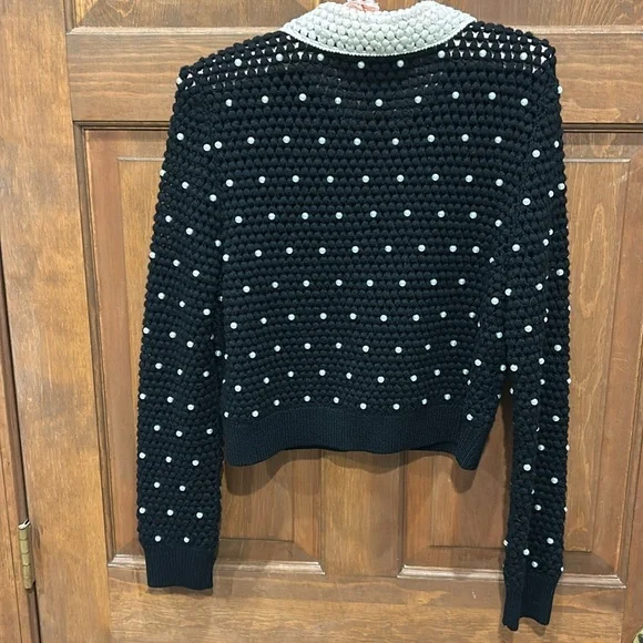 Alice Olivia Collins crochet pearl black sweater cardigan large L - Picture 6 of 8